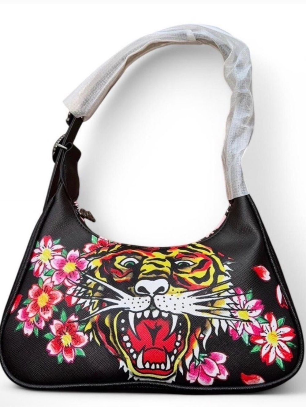 Ed Hardy Black Shoulder Bag with Floral Tiger Graphic